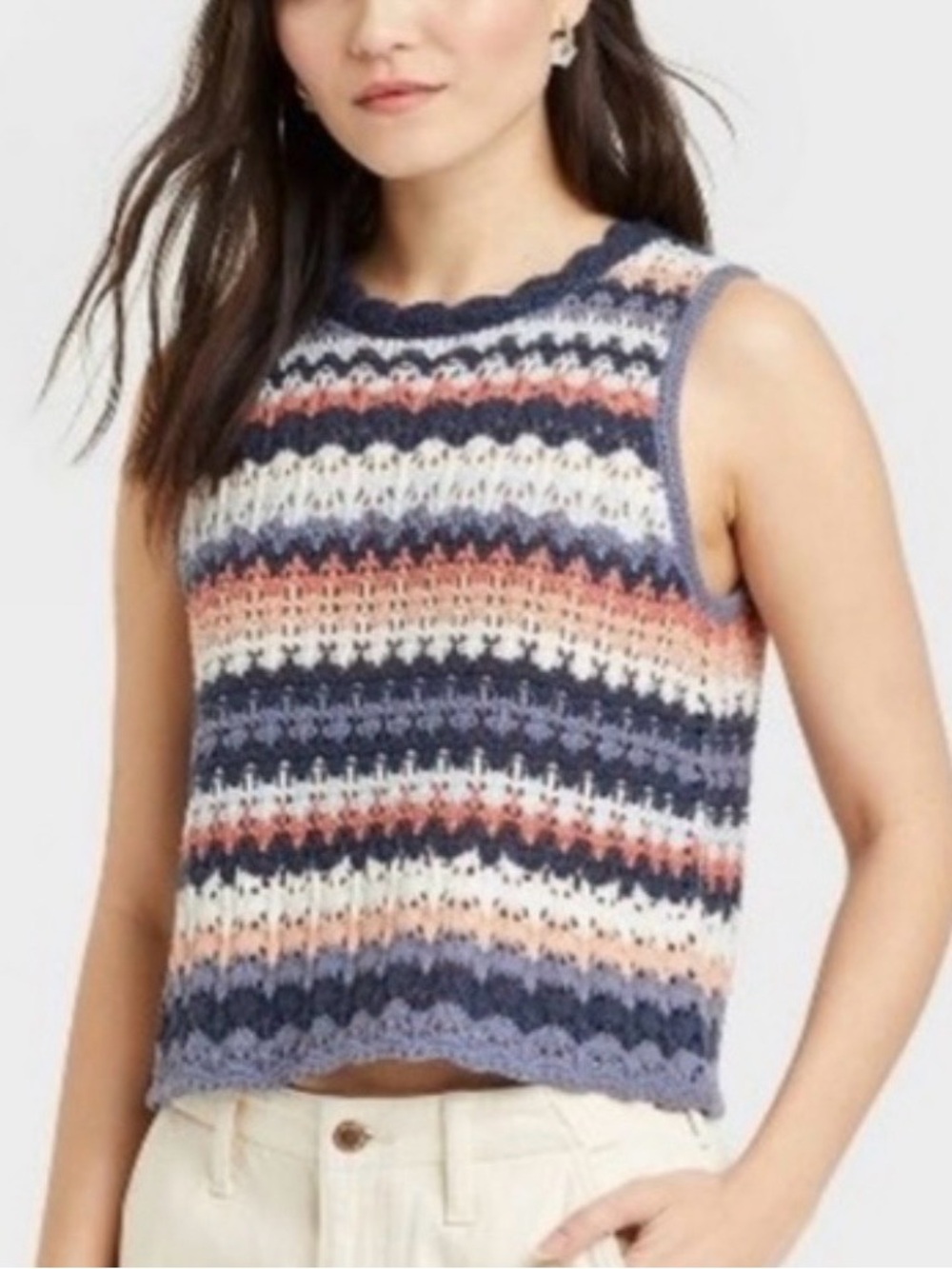 Universal Thread Striped Crochet Tank Top in Navy, Cream & Peach